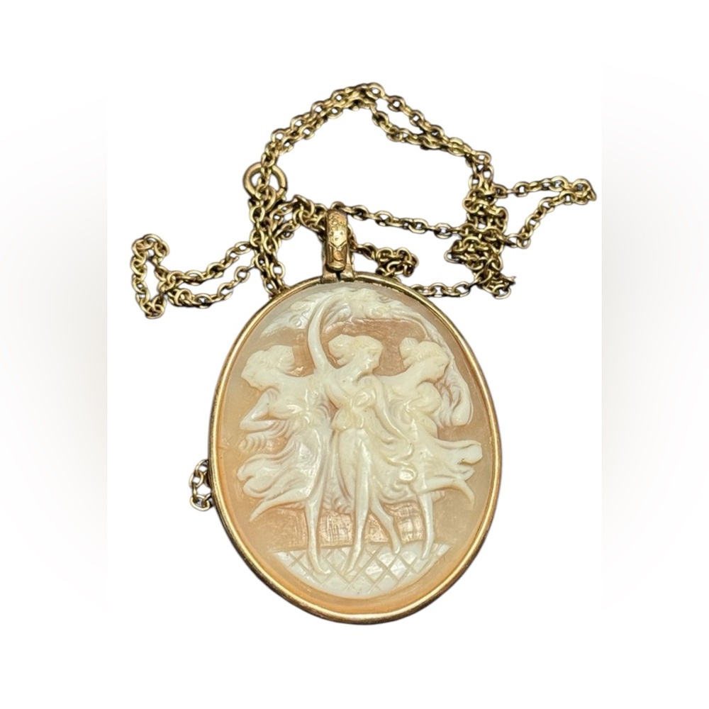 Vintage carved shell cameo pendant “Three Graces” Gold plt with chain